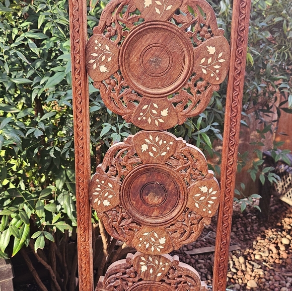 Vintage Hand Carved Wood Inlaid Plate/Cake Shelf Stand From India - Picture 9 of 13